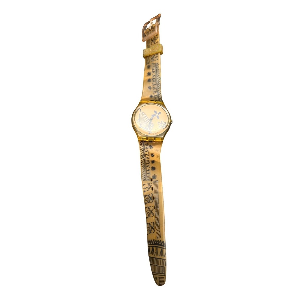 Vintage 1992 Swatch Watch Sketch Tribal Floral Graphic Amber Swiss‎ KC